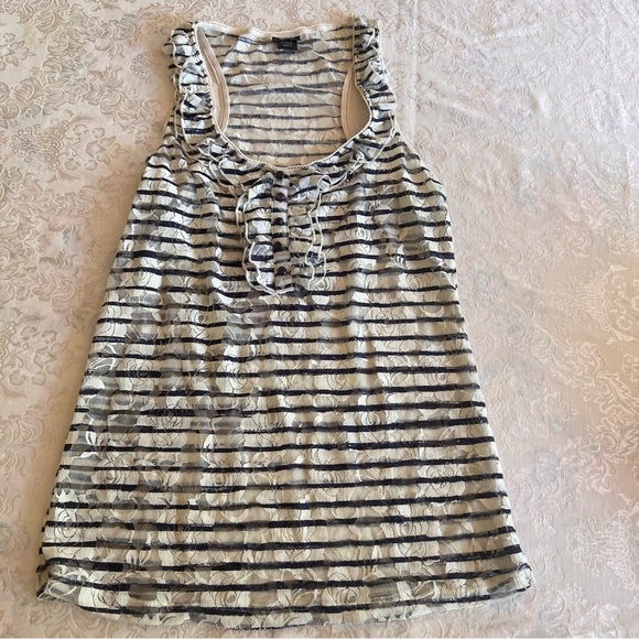 Vanity Sheer Lace Ruffled Tank Top White with Blue Stripes - Picture 8 of 12